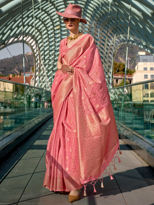 Women's Silk Blend Pink Woven Design Designer Saree With Blouse Piece
