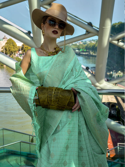 Women's Silk Blend Sea Green Woven Design Designer Saree With Blouse Piece