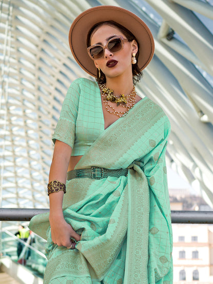 Women's Silk Blend Sea Green Woven Design Designer Saree With Blouse Piece
