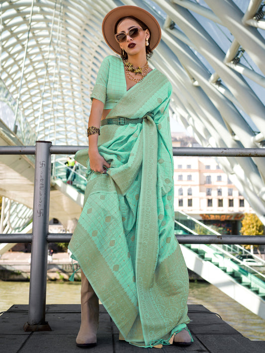 Women's Silk Blend Sea Green Woven Design Designer Saree With Blouse Piece