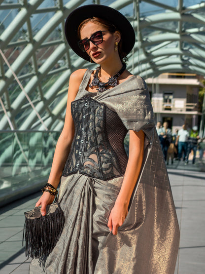 Women's Silk Blend Grey Woven Design Designer Saree With Blouse Piece