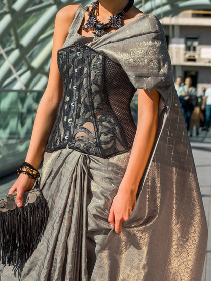 Women's Silk Blend Grey Woven Design Designer Saree With Blouse Piece