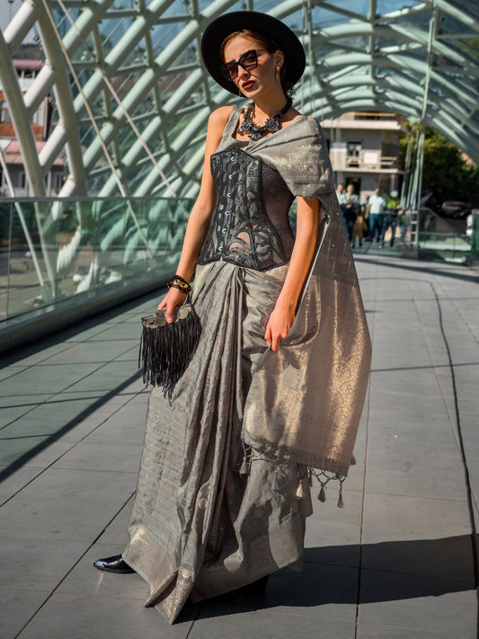 Women's Silk Blend Grey Woven Design Designer Saree With Blouse Piece