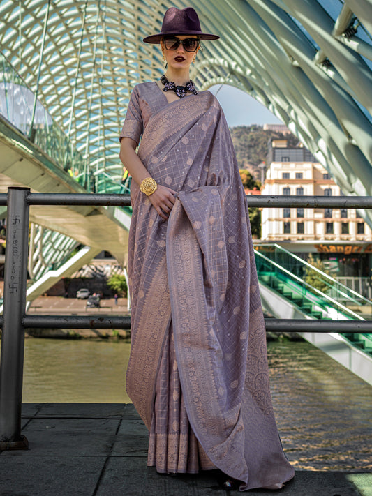 Women's Silk Blend Violet Woven Design Designer Saree With Blouse Piece