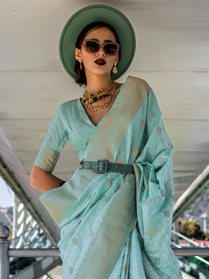 Women's Silk Blend Light Blue Woven Design Designer Saree With Blouse Piece