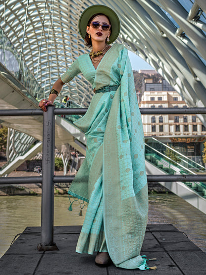 Women's Silk Blend Light Blue Woven Design Designer Saree With Blouse Piece