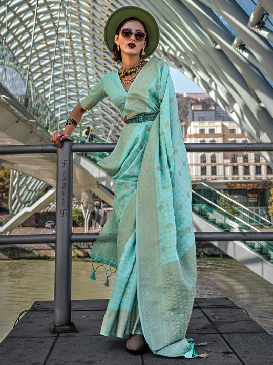 Women's Silk Blend Light Blue Woven Design Designer Saree With Blouse Piece