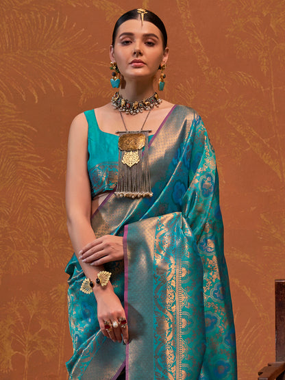 Women's Silk Blend Teal blue Woven Design Designer Saree With Blouse Piece