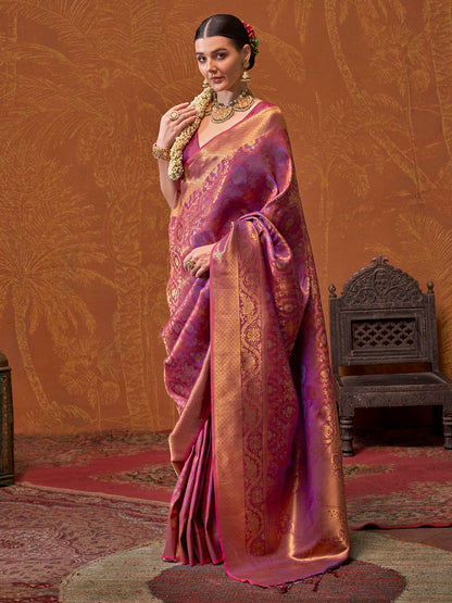 Women's Silk Blend Magenta Woven Design Designer Saree With Blouse Piece
