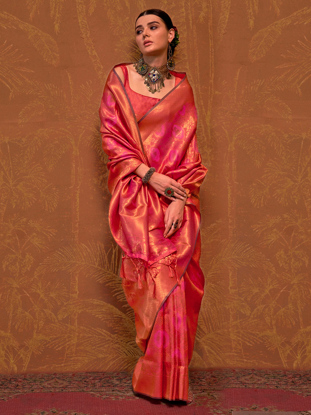 Women's Silk Blend Orange Woven Design Designer Saree With Blouse Piece