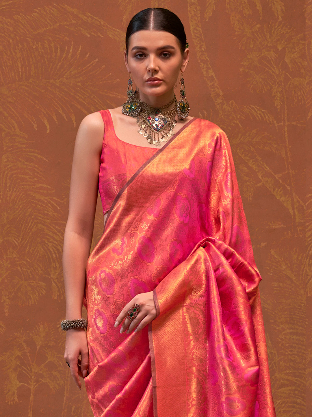 Women's Silk Blend Orange Woven Design Designer Saree With Blouse Piece