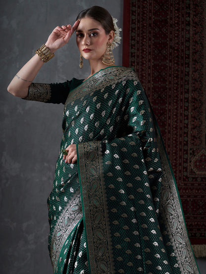 Women's Satin Silk Green Woven Design Designer Saree With Blouse Piece