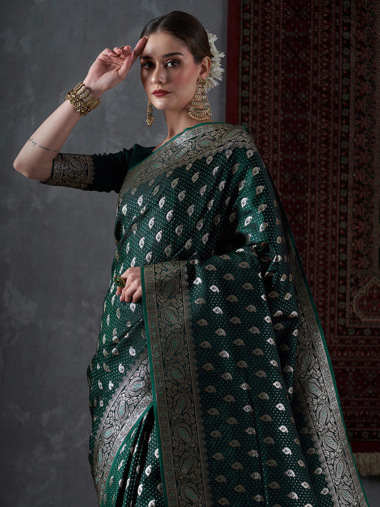 Women's Satin Silk Green Woven Design Designer Saree With Blouse Piece