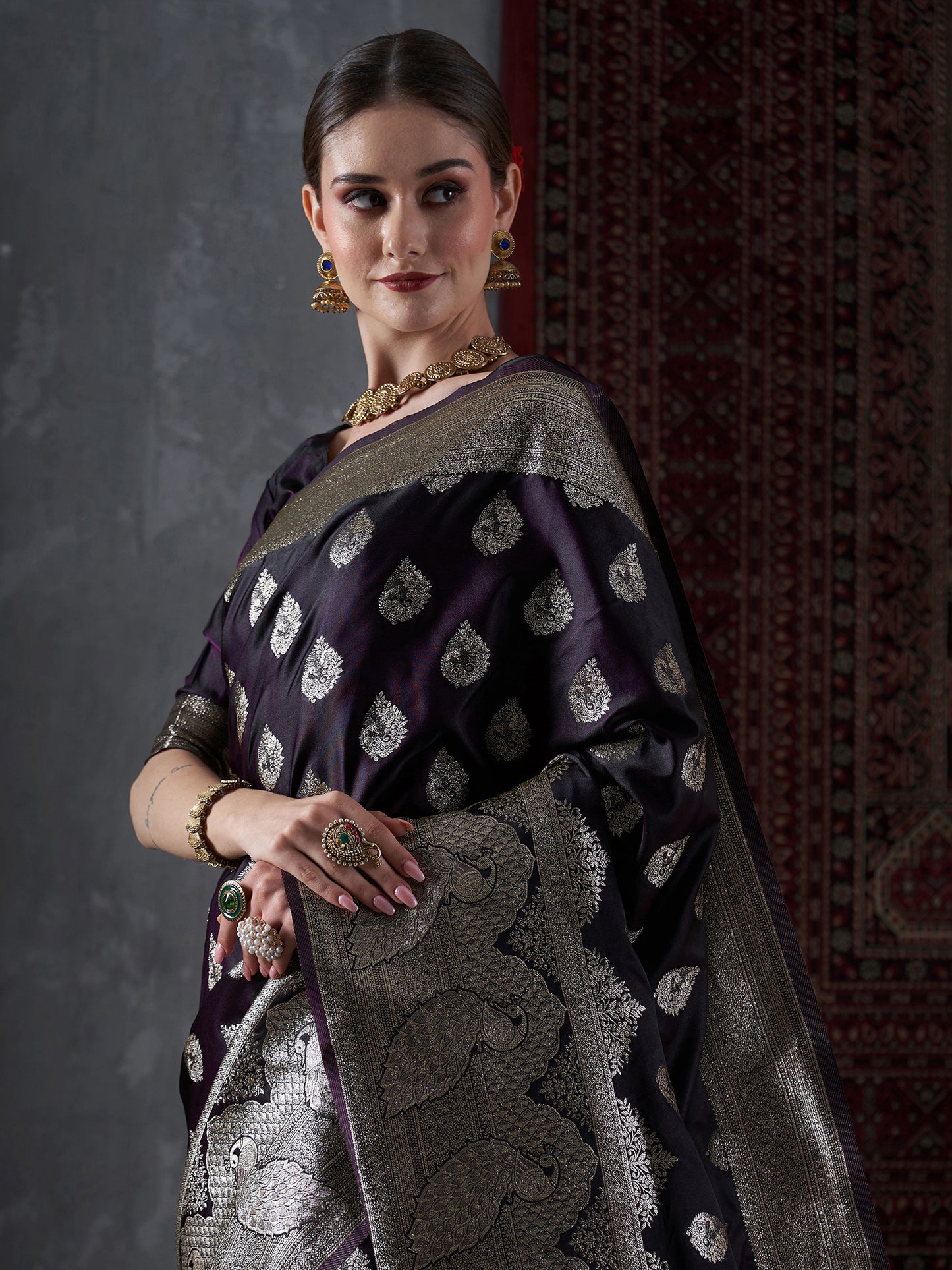 Women's Satin Silk Purple Woven Design Designer Saree With Blouse Piece