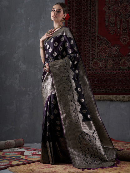 Women's Satin Silk Purple Woven Design Designer Saree With Blouse Piece