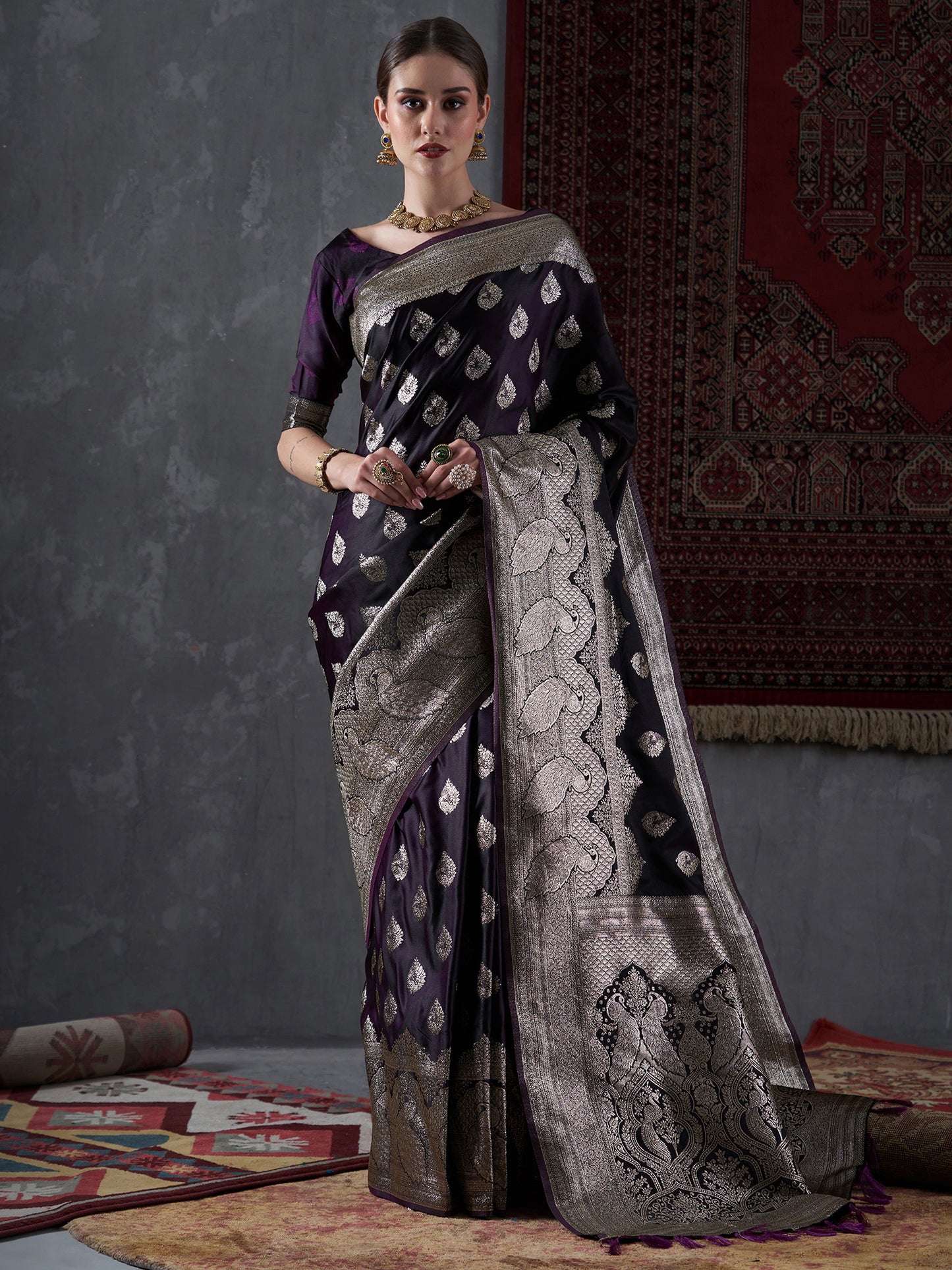 Women's Satin Silk Purple Woven Design Designer Saree With Blouse Piece