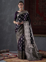 Women's Satin Silk Purple Woven Design Designer Saree With Blouse Piece