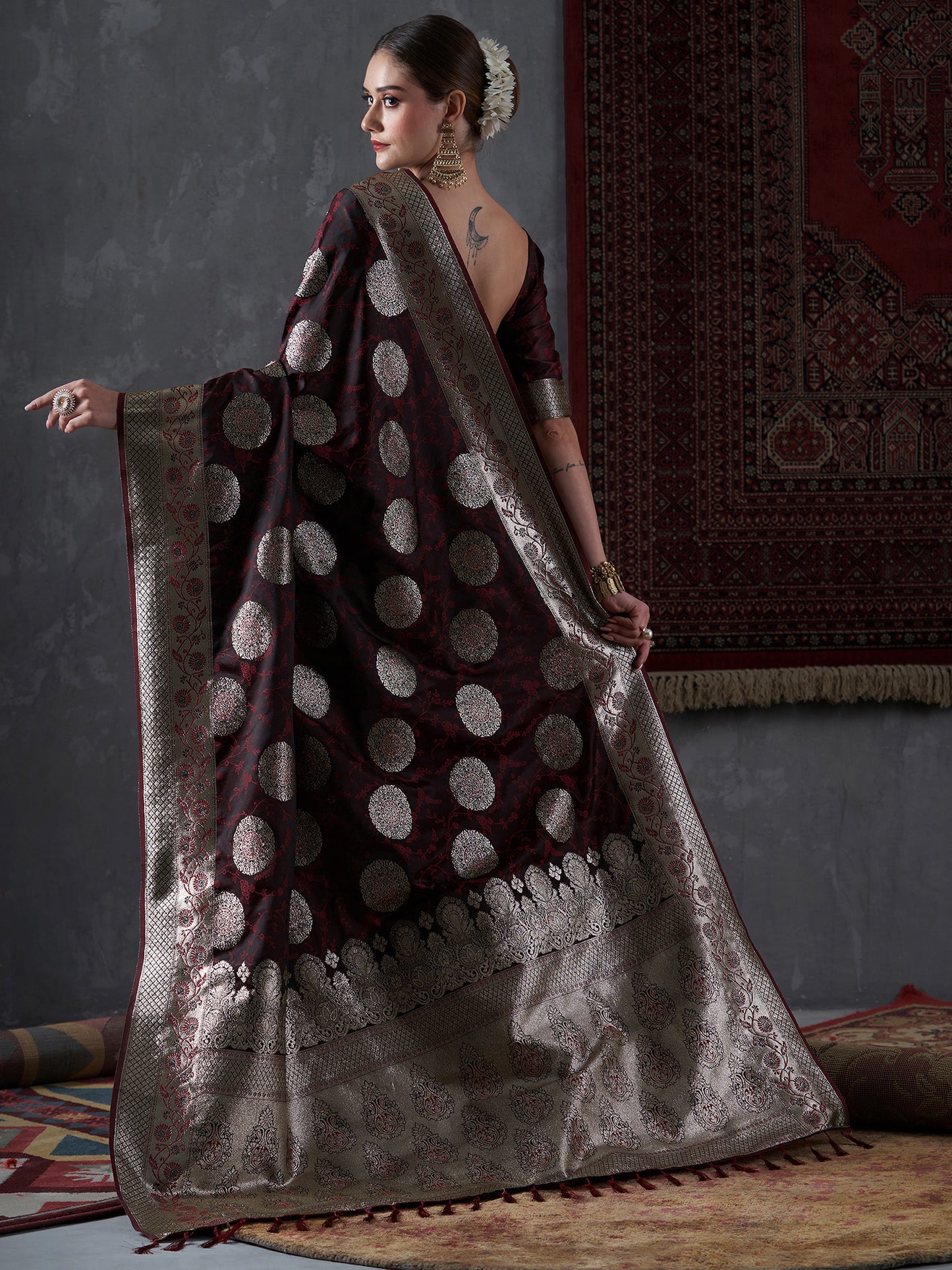 Women's Satin Silk Maroon Woven Design Designer Saree With Blouse Piece