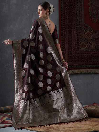 Women's Satin Silk Maroon Woven Design Designer Saree With Blouse Piece