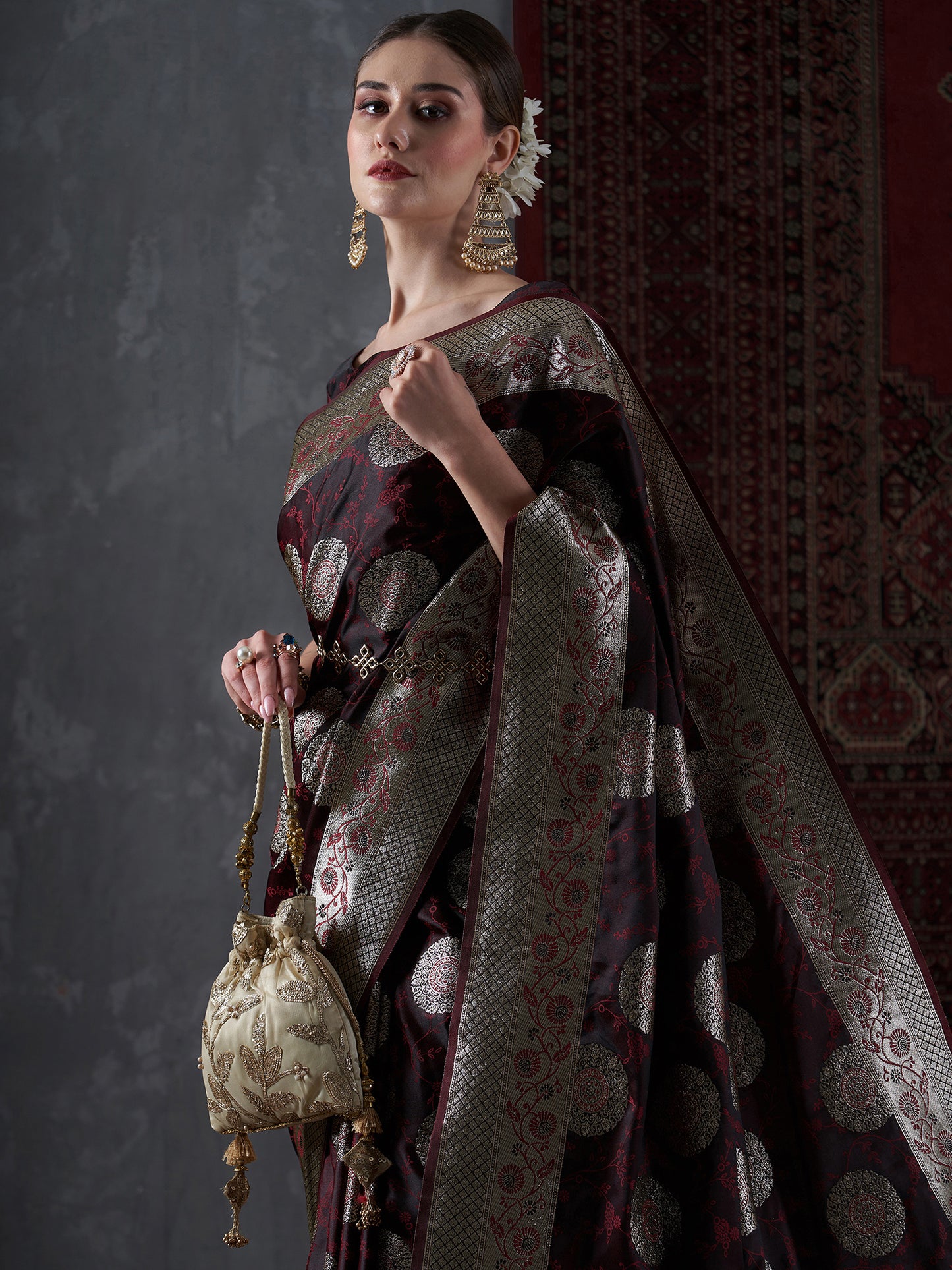 Women's Satin Silk Maroon Woven Design Designer Saree With Blouse Piece