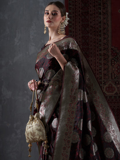 Women's Satin Silk Maroon Woven Design Designer Saree With Blouse Piece