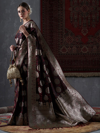 Women's Satin Silk Maroon Woven Design Designer Saree With Blouse Piece