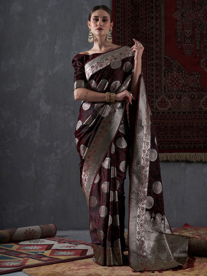 Women's Satin Silk Maroon Woven Design Designer Saree With Blouse Piece
