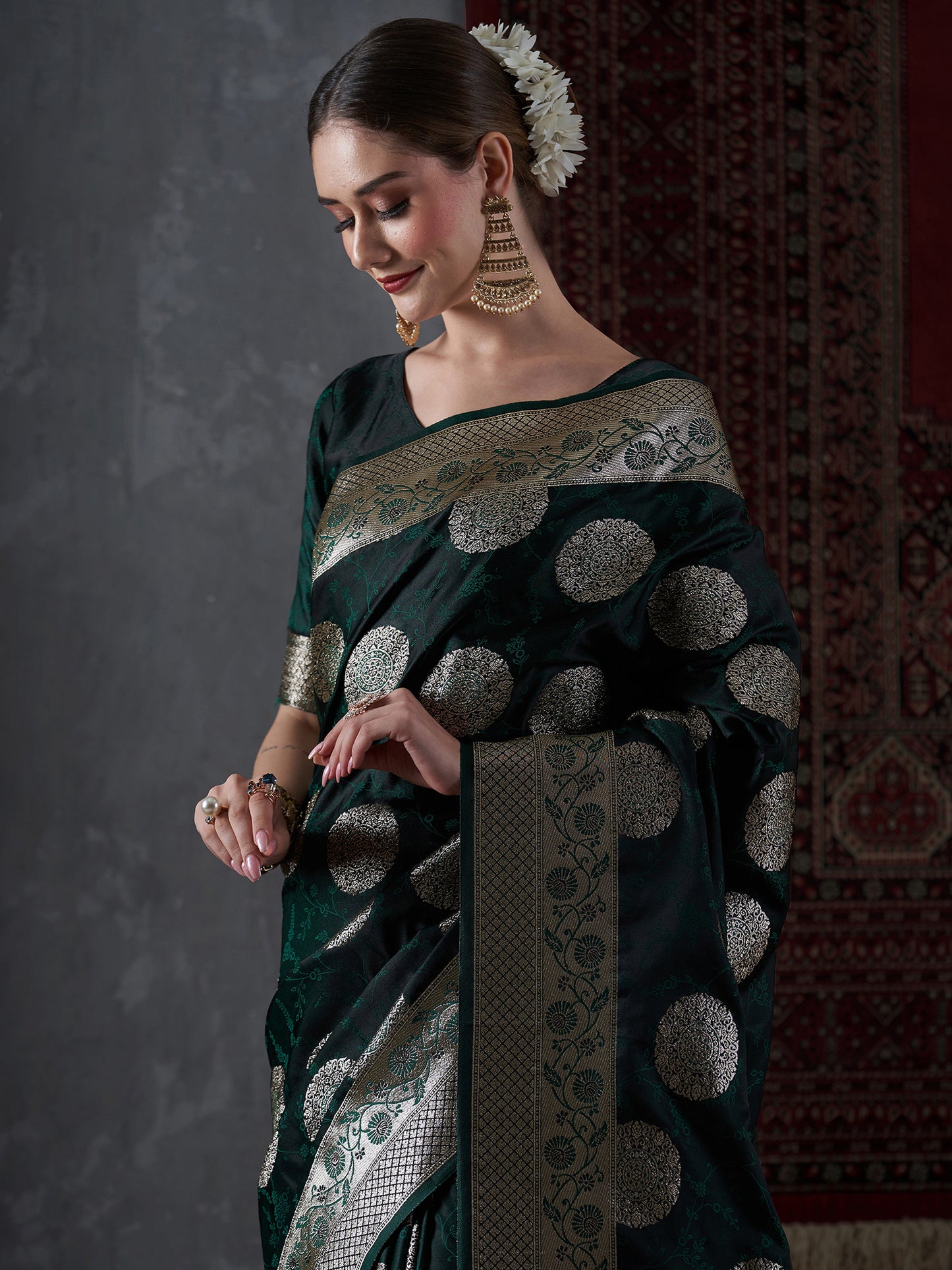 Women's Satin Silk Green Woven Design Designer Saree With Blouse Piece