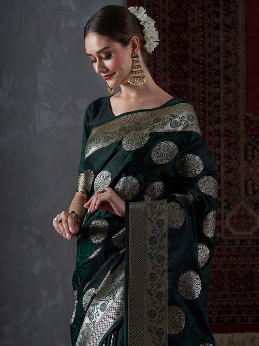Women's Satin Silk Green Woven Design Designer Saree With Blouse Piece
