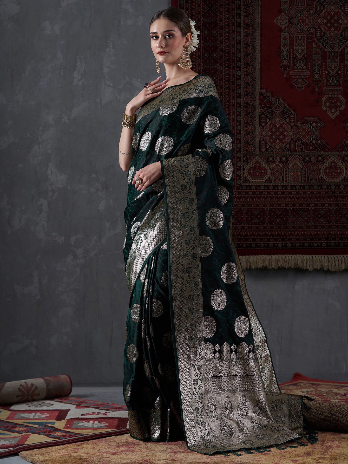 Women's Satin Silk Green Woven Design Designer Saree With Blouse Piece