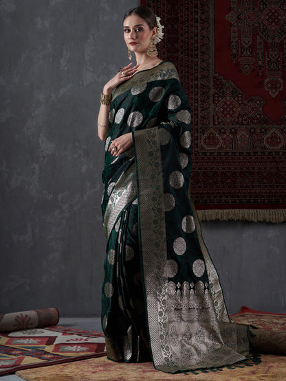 Women's Satin Silk Green Woven Design Designer Saree With Blouse Piece