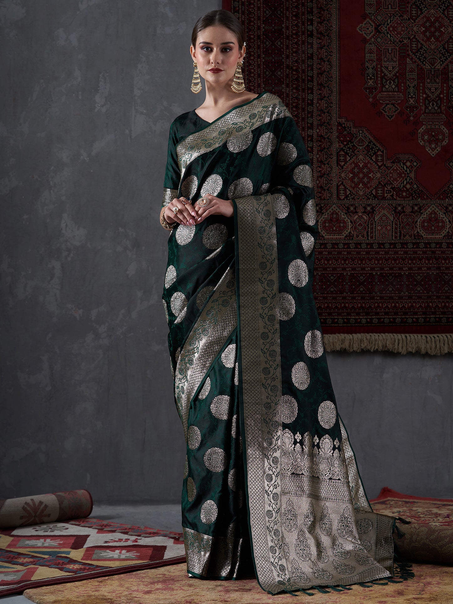 Women's Satin Silk Green Woven Design Designer Saree With Blouse Piece