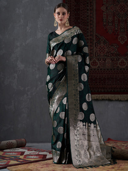 Women's Satin Silk Green Woven Design Designer Saree With Blouse Piece
