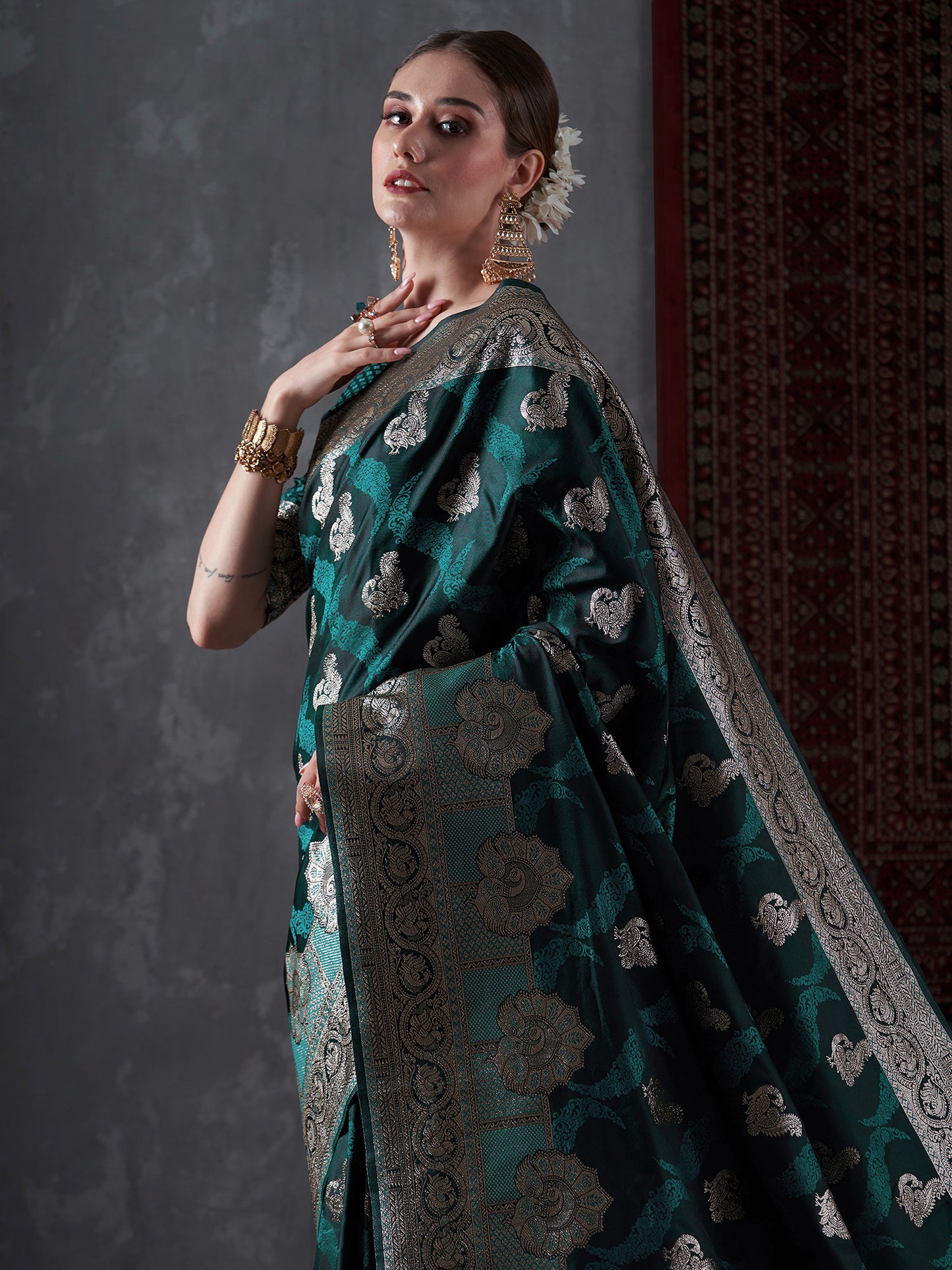 Women's Satin Silk Green Woven Design Designer Saree With Blouse Piece