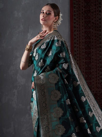 Women's Satin Silk Green Woven Design Designer Saree With Blouse Piece