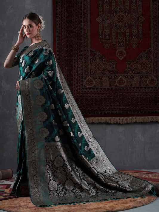 Women's Satin Silk Green Woven Design Designer Saree With Blouse Piece