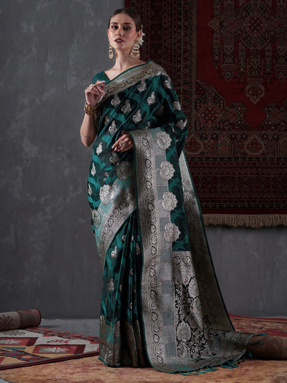 Women's Satin Silk Green Woven Design Designer Saree With Blouse Piece