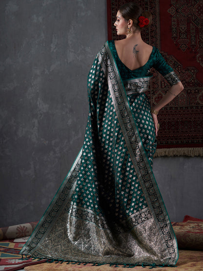 Women's Satin Silk Green Woven Design Designer Saree With Blouse Piece