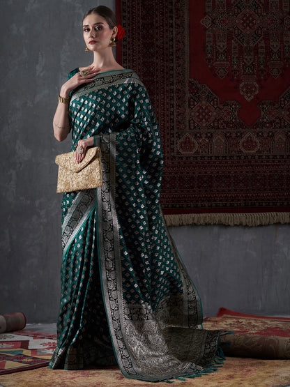 Women's Satin Silk Green Woven Design Designer Saree With Blouse Piece