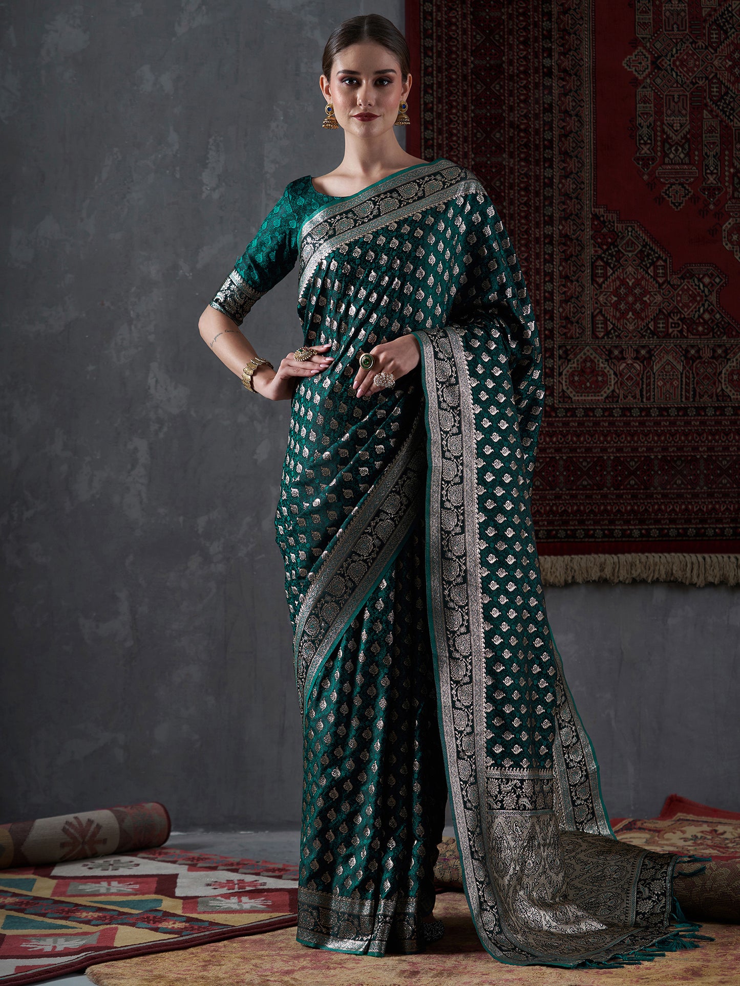 Women's Satin Silk Green Woven Design Designer Saree With Blouse Piece