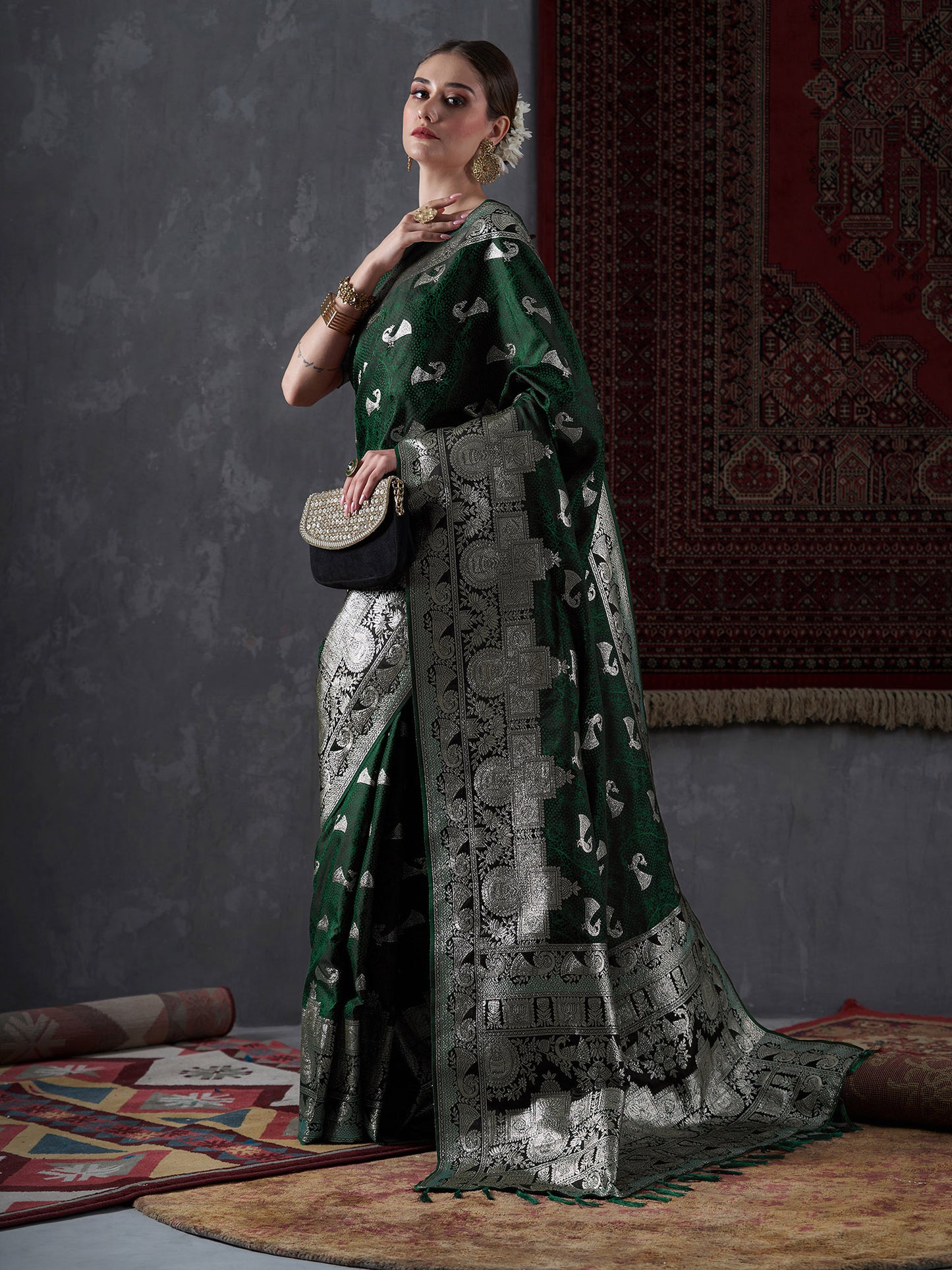 Women's Satin Silk Green Woven Design Designer Saree With Blouse Piece