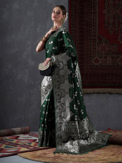 Women's Satin Silk Green Woven Design Designer Saree With Blouse Piece