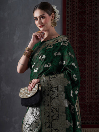 Women's Satin Silk Green Woven Design Designer Saree With Blouse Piece