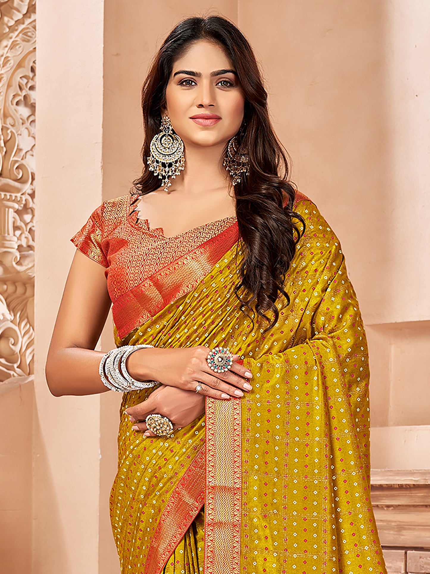 Women's Vichitra Silk Olive Embellished Designer Saree With Blouse Piece
