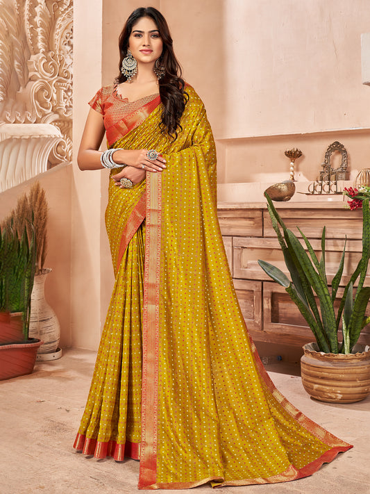 Women's Vichitra Silk Olive Embellished Designer Saree With Blouse Piece