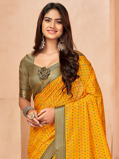 Women's Vichitra Silk Yellow Embellished Designer Saree With Blouse Piece