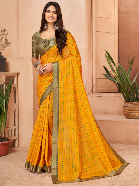 Women's Vichitra Silk Yellow Embellished Designer Saree With Blouse Piece