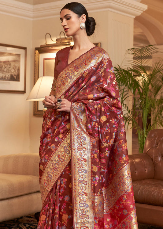 Dhiyona GR Women's Kalista Earth Red Woven Jamewar Kashmiri Banarasi Saree