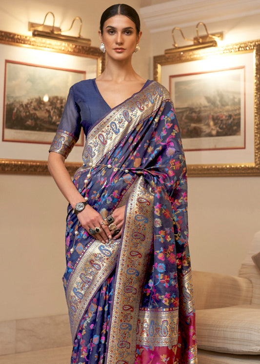 Dhiyona GR Women's Kalista Princess Navy Woven Jamewar Kashmiri Banarasi Saree