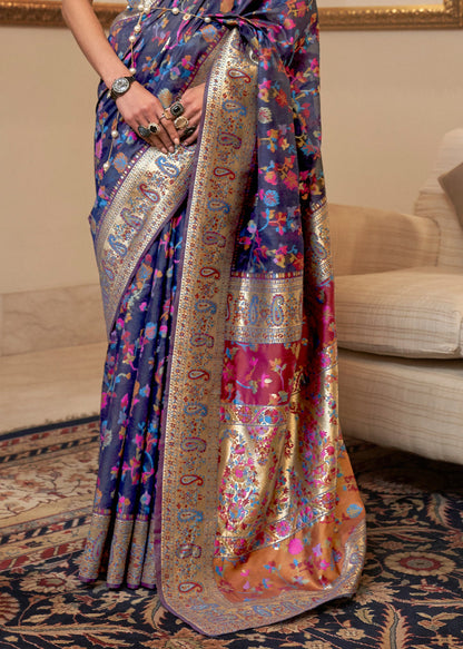 Dhiyona GR Women's Kalista Princess Navy Woven Jamewar Kashmiri Banarasi Saree